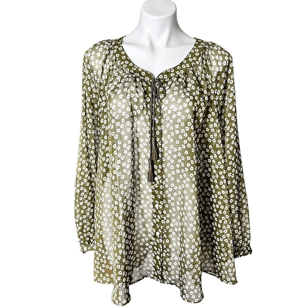 Lane Bryant Sheer Floral Peasant Blouse Size 18/20 Green/White